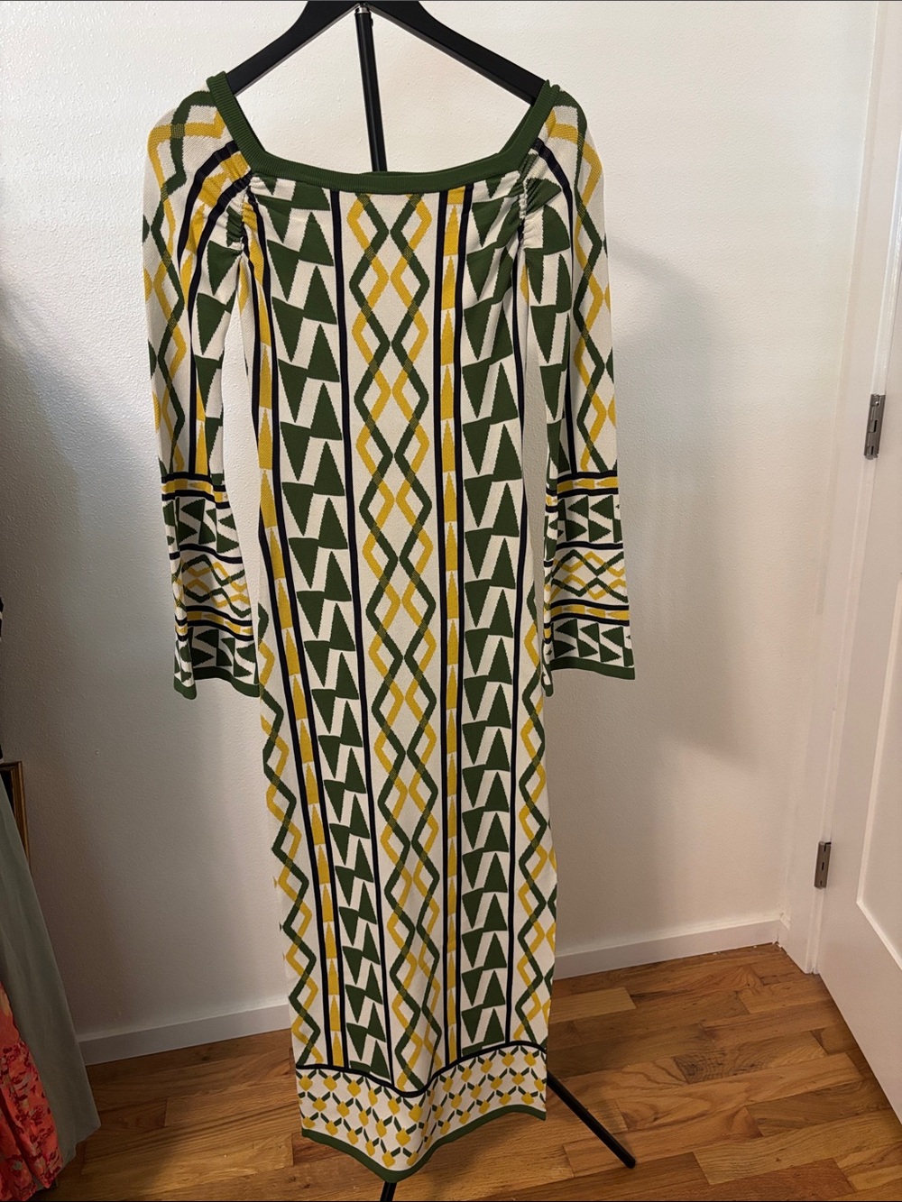 Misa Los Angeles Olive, Yellow & White Geometric Maxi Dress